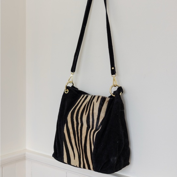 le chateau Handbags - le chateau Black Suede Shoulder Bag with Zebra-Print Panel